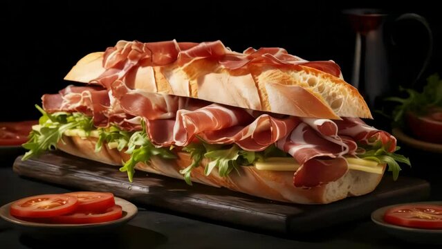 A large ham and cheese sandwich is displayed on a wooden board. The sandwich is cut in half and surrounded by a variety of vegetables, including tomatoes and lettuce