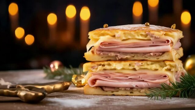 A sandwich with ham and cheese is on a table with candles in the background. The candles create a warm and cozy atmosphere