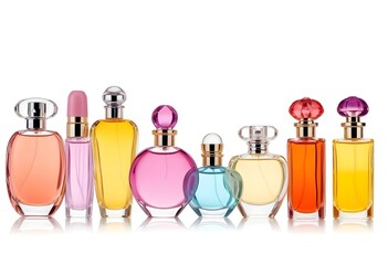 Assortment of colorful perfume bottles on white background