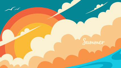 Summer Landscape. Summertime backgroud with sun, clouds, sea and hand lettering for Summer season creative graphic design. Vector illustration.