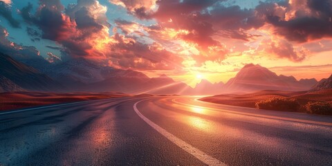 Asphalt road and mountain with sky clouds landscape at sunset illustration
