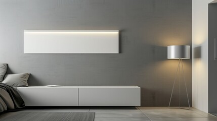 A modern bedroom with a minimalist, wall-mounted art piece and a sleek, designer floor lamp