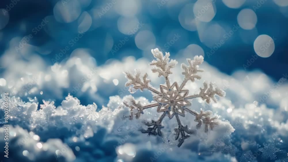 Poster a snowflake is on top of a pile of snow. the snowflake is white and has a sharp point. peaceful and 