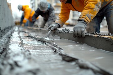 Workers leveling concrete on a construction site, detailed close up