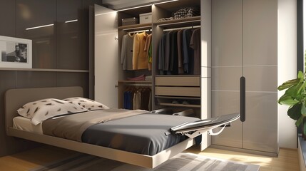 A modern bedroom with a sleek, built-in wardrobe and a hidden, fold-out ironing board