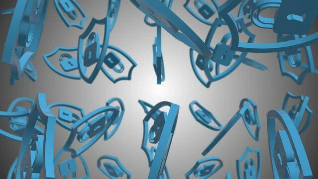 3D Cyber Security Shields Falling Animation. 3D Lock. 4K