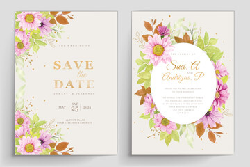 elegant wedding card with beautiful floral and leaves template	
