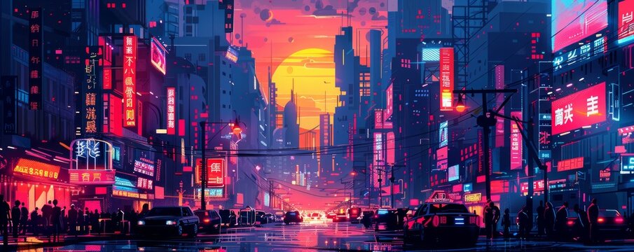 A retro-futuristic metropolis where towering megastructures cast long shadows over the bustling streets below, their neon signs flickering in the night. illustration.