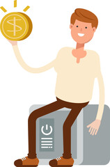 Man Character Sitting on Safe and Holding Dollar Coin
