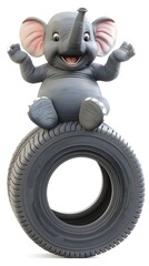 Fototapeta premium Cheerful Elephant Balancing on Recycled Tire with Friendly Smile on White Background
