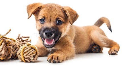 Cheerful Puppy Playing with Recycled Toy on White Background