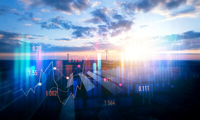 Photovoltaic power station with double exposure of digital financial chart graphs and stock market.Green energy in full development.Increase or rising in electricity prices on the world market. 
