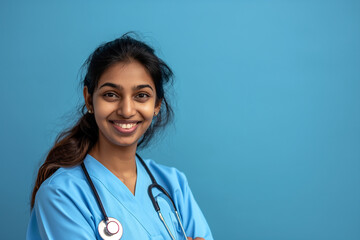 A smiling woman in a blue scrubs is posing for a picture