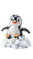 Fototapeta premium Cute Penguin Sliding Down a Hill Made of Recycled Snow on Isolated White Background