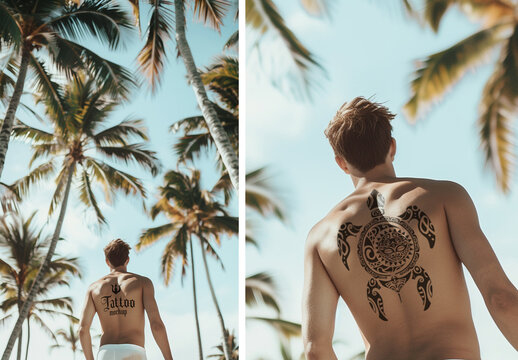 Back Man with Tattoo in a Tropical Landscape Mockup. Generated AI