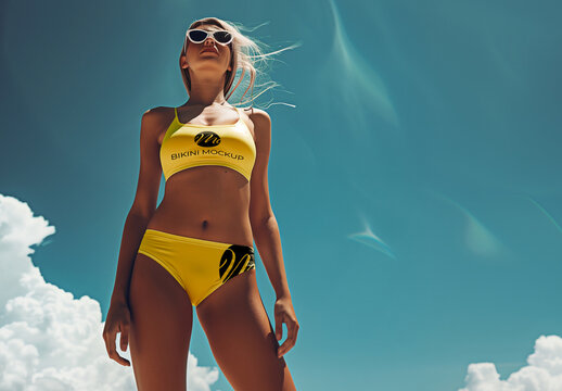 Woman in Bikini with Blue Sky Background Mockup. Generated AI