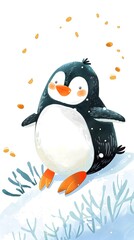 Playful Penguin Sliding Down Snowy Hill on Isolated Background