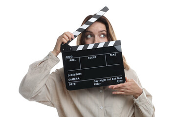 Making movie. Woman with clapperboard on white background