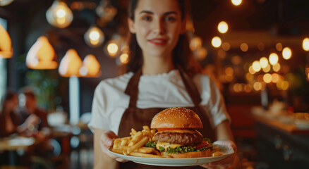 Close up of waitress holding tray with burger and fries in restaurant, closeup on the plate