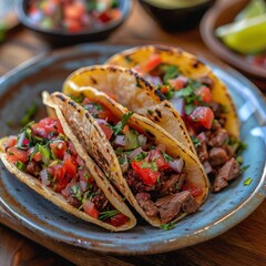 mexican style tacos loaded with minced beef, chopped tomatoes and avocados