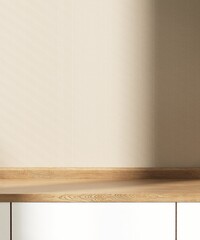 Close up of top of wooden cabinet, white door in sunlight, shadow on brown wall for modern, luxury fashion, beauty, cosmetic, skincare, body care, product display background 3D