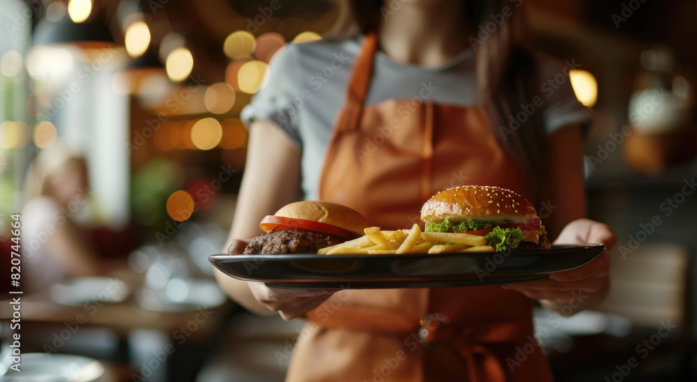 Wall mural Close up of waitress holding tray with burger and fries in restaurant, closeup on the plate