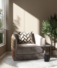 Gray armchair sofa with cushion on shag rug, coffee table, tree in living room in sunlight from...