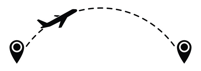 tourism and travel concept. plane travelling from start point to end point with dotted line tracing. trip planning vector symbol on transparent background.