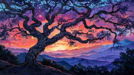 Oak tree with sprawling branches, vibrant sunset hues, mountains creating a picturesque silhouette
