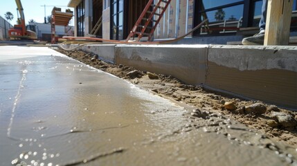 New concrete sidewalk close-up, smooth finish and neat lines, surrounded by construction tools and materials