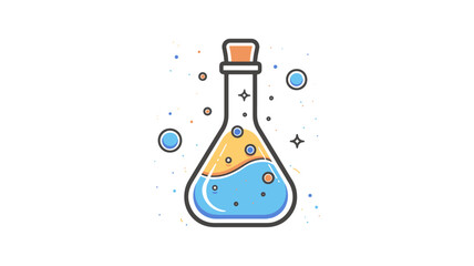 An illustration of a laboratory flask filled with blue and yellow liquids, capped with a cork stopper. Bubbles and sparkles surround the flask, giving it a whimsical and magical appearance.