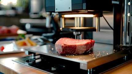 3D food printer creating vegan steak in modern kitchen setting
