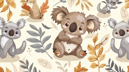 Obraz premium Adorable cartoon sloths and tropical plants