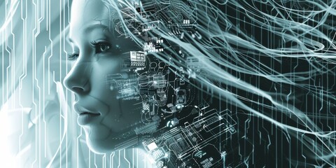 Futuristic Female Cyborg Interface with Digital Data Stream