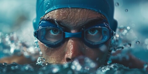 Fototapeta premium This image captures an intense close-up of a professional male swimmer
