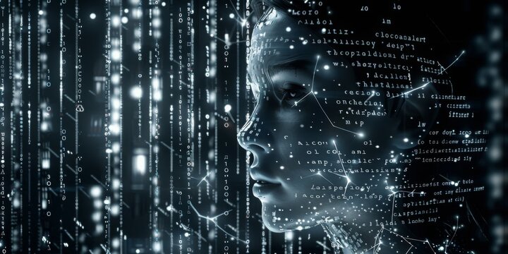 Futuristic Female Cyborg Interface with Digital Data Stream