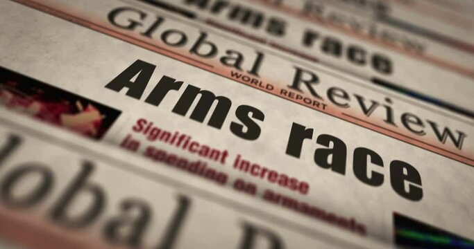 Arms race cold war political conflict daily news newspaper printing. Abstract concept retro headlines 3d seamless looped.
