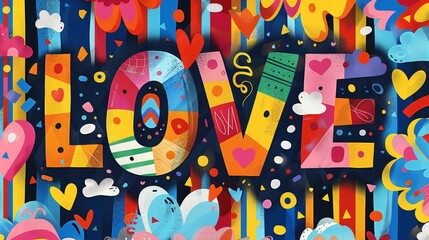 A bright and celebratory poster with bold rainbow stripes and the word love in large, colorful letters, surrounded by abstract, festive shapes and pattern