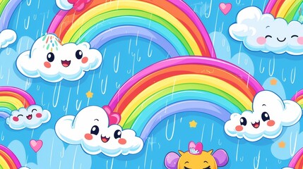 Bright cartoon rainbows and smiling clouds pattern