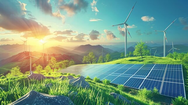 Sustainable Energy: Illustrate a landscape with wind turbines and solar panels, highlighting renewable energy sources and the importance of sustainability in modern society. 