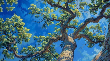 Majestic oak tree from a ground perspective, lush leaves against a vibrant blue sky, evoking a paradise feel