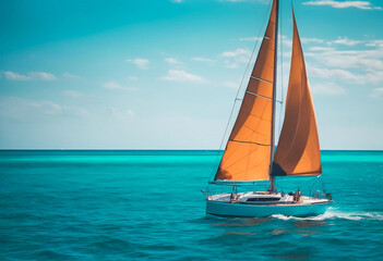 Fototapeta premium Landscape with a sailboat on the turquoise sea. Beautiful scenery of walpaper decor
