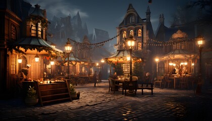Old town in the fog at night. Panoramic image.