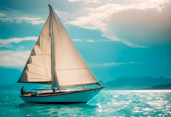 Fototapeta premium Landscape with a sailboat on the turquoise sea. Beautiful scenery of walpaper decor