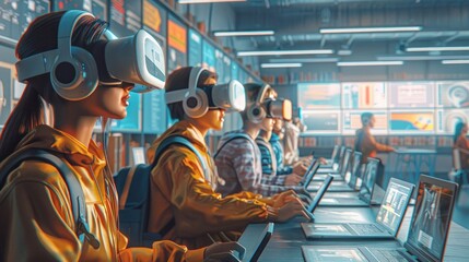 Future of Education: Create a scene in a futuristic classroom with students using VR headsets, tablets, and interactive digital boards, showcasing the evolution of learning.