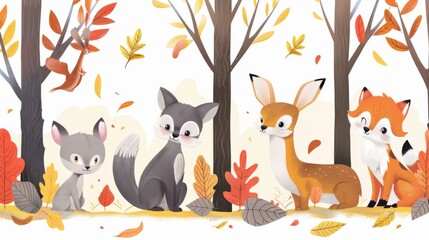 Cartoon forest animals with trees and leaves