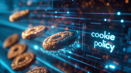 Cookie policy sign on a blue data background with flying cookies. Concept of data protection and online privacy regulations