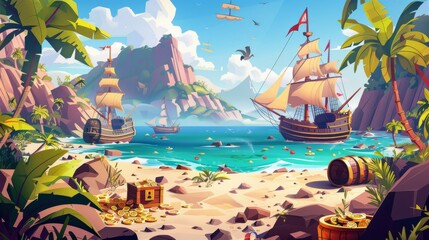 Naklejka premium Cartoon pirate scene with ships and treasure