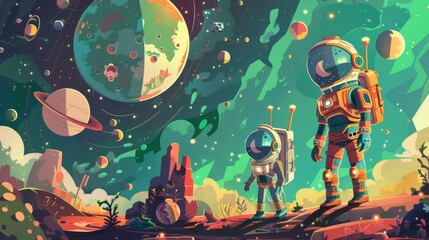 Cartoon space explorers with robots and aliens
