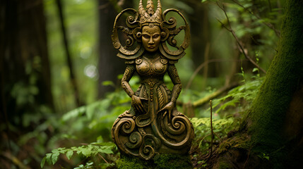 1. A serene statue of a woman standing gracefully amidst the tranquil woods, embodying nature's beauty and tranquility.